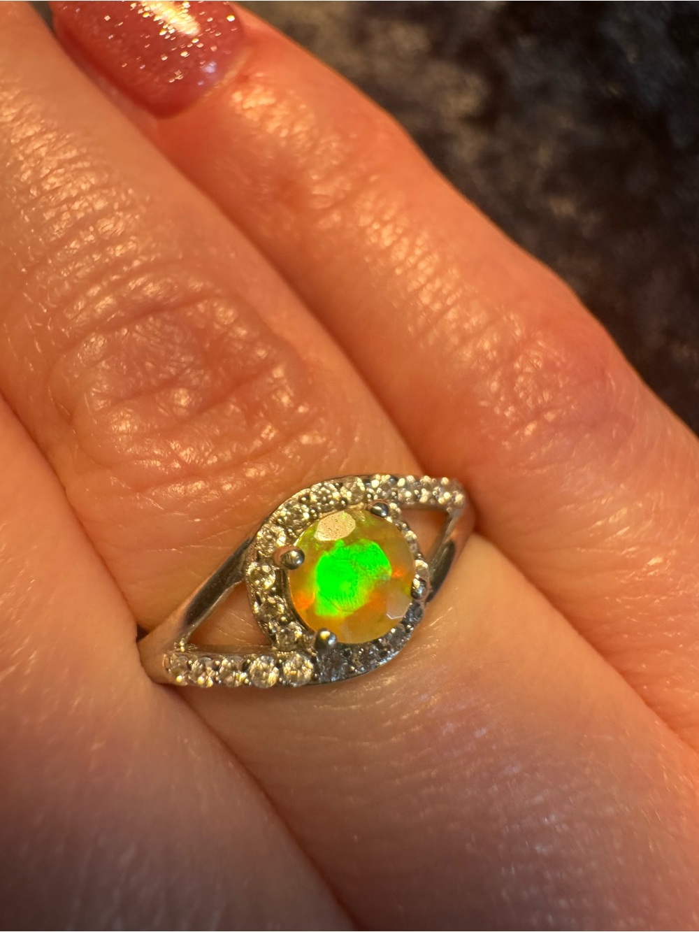 Ethiopian Welo (Wollo) Opal Halo Ring in Sterling Silver Setting